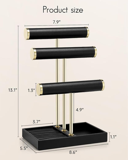VLANDO 3 Tier Bracelet Holder Organizer with Tray - Leather Jewelry Stand Organizer for Women - Jewelry Holder Display for Necklace, Watches, Rings, Earrings, Bangle, Scrunchie - Black