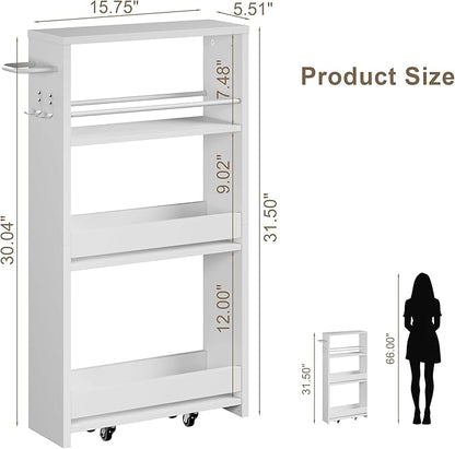 ChooChoo 4-Tier Slim Storage Cart with Handle, 5.51" W Rolling Utility Cart on Universal Wheels, Kitchen Cart Mobile Shelving Organization for Laundry Room, Bathroom & Narrow Places, White