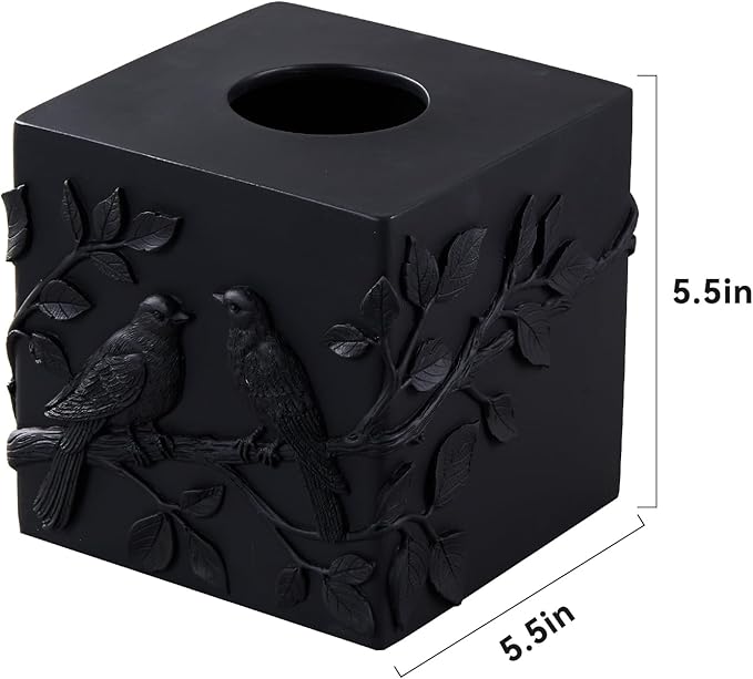 Black Marble Relief Birds Square Tissue Box Cover Decorative,Resin Heavy Sturdy Tissue Box Holder, Facial Paper Holder for Bathroom Vanity Countertop, Bedroom Night Stand,Office and End Table