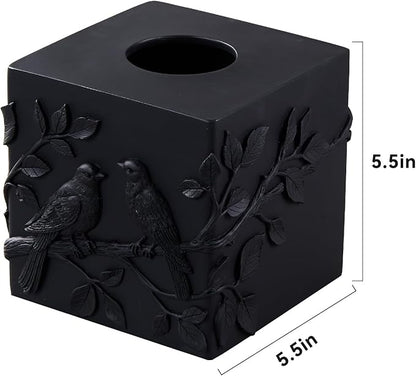 Black Marble Relief Birds Square Tissue Box Cover Decorative,Resin Heavy Sturdy Tissue Box Holder, Facial Paper Holder for Bathroom Vanity Countertop, Bedroom Night Stand,Office and End Table