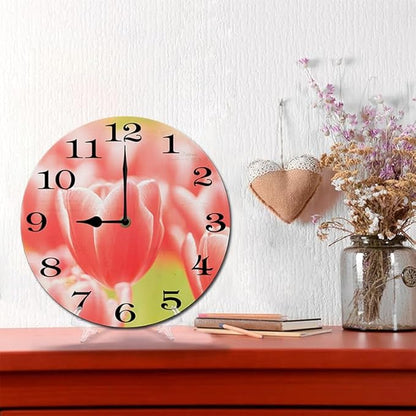 Pink Tulip Wall Clock 10 Inch Wooden Battery Operated Autumn Forest Maple Leaves Wall Clocks Decorative Indoor,Decorative for Kitchen Bathroom Bedroom
