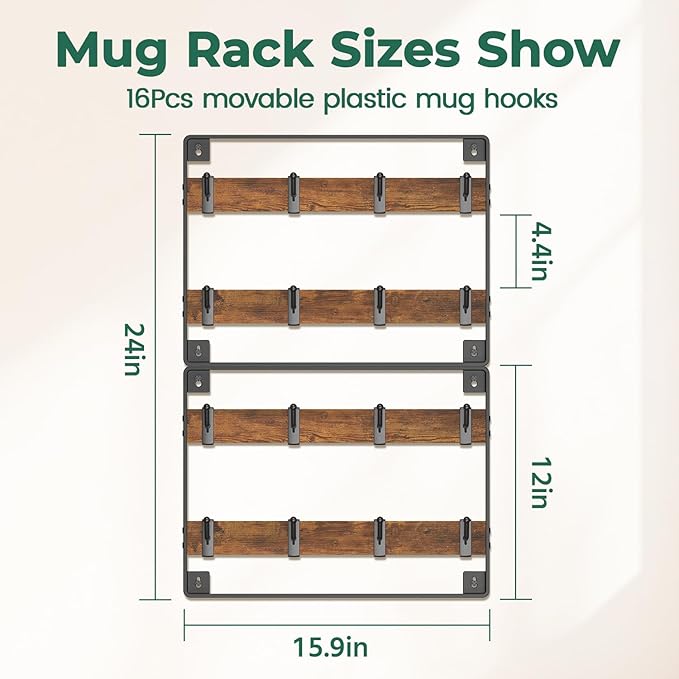 EsLuker.ly Mug Holder Hanger Rack Wall Mounted Wooden 2 Pack Coffee Cup Storage Organizer Display Shelf with 16 Movable Plastic Hooks, Ideal for Mug Collectors
