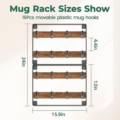 EsLuker.ly Mug Holder Hanger Rack Wall Mounted Wooden 2 Pack Coffee Cup Storage Organizer Display Shelf with 16 Movable Plastic Hooks, Ideal for Mug Collectors