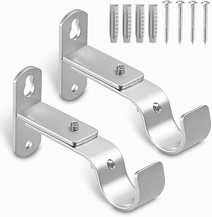 Adjustable Curtain Rod Brackets, Metal Window Drapery Rod Hanger Holders Hooks for 1 inch Rods (Satin Silver, Set of 2)