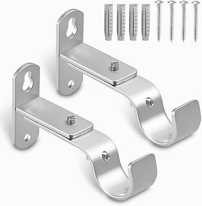 Adjustable Curtain Rod Brackets, Metal Window Drapery Rod Hanger Holders Hooks for 1 inch Rods (Satin Silver, Set of 2)