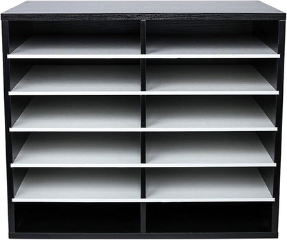 EasyPAG Wooden Literature Organizer with Adjustable Shelves, 12 Compartments Office Paper Organizer Storage 6000 Sheets Letter Size Paper, Student Mailbox for Classroom, Black/White