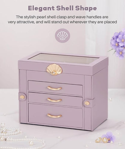 Jewelry Box with 3 Drawers: Display Organizer for Earrings Necklaces - Gifts for Girls Women (Grey Purple)