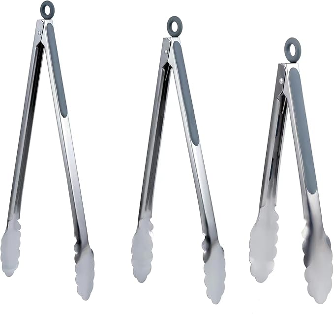Grill Tongs Set of 3 - Stainless Steel BBQ Tongs with Lock (9, 12, 14 Inch) | Heat Resistant to 600°F | Heavy Duty & Dishwasher Safe for Grilling, Cooking, Salad (Gray)