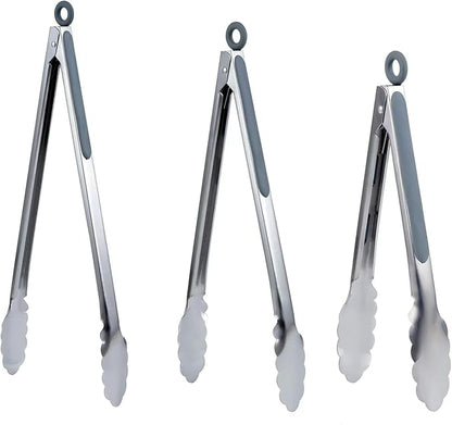Grill Tongs Set of 3 - Stainless Steel BBQ Tongs with Lock (9, 12, 14 Inch) | Heat Resistant to 600°F | Heavy Duty & Dishwasher Safe for Grilling, Cooking, Salad (Gray)