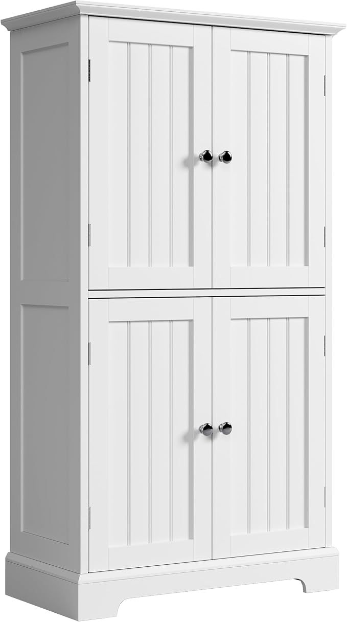 ChooChoo Bathroom Floor Cabinet, Modern Bathroom Storage Cabinet with 4 Doors and Adjustable Shelves, Freestanding Cupboard for Living Room, Kitchen Pantry, White