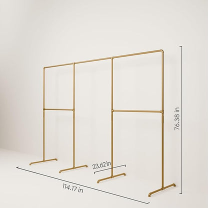 pamo Gold Clothing Rack – 114.17" W x 76.38" H – Industrial Pipe Metal Garment Organizer for Bedroom or Retail – Heavy-Duty Clothes Rack – Easy Assembly