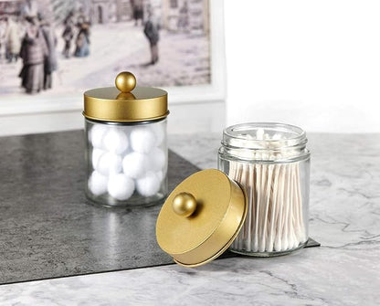Amolliar 4 Pc Glass Apothecary Jars - Countertop Qtip Dispenser Holder with Stainless Steel Lids &Cute Stickers -Bathroom Vanity Storage Organizer Set for Qtips,Cotton Swabs,Makeup Sponges(Gold)