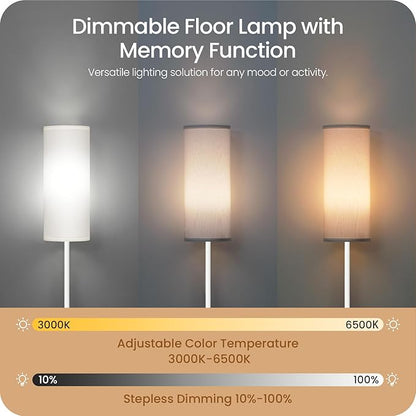 White Dimmable Floor Lamps for Living Room with Remote and Foot Switch, 64.4” Modern Standing Tall Lamp, Corner Lamp for Bedroom, Office, Bulb Included, 3000K-6500K, FCC Listed WCW06LD05W1