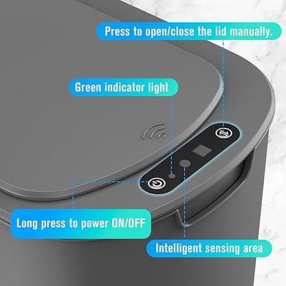 Cesun Automatic Motion Sensor Bathroom Trash Can with Lid, 2.6 Gallon Touchless Trash Bin, Smart Plastic Slim Garbage Can Small Grey Wastebasket for Toilet, Office, rv, Bedroom, Living Room