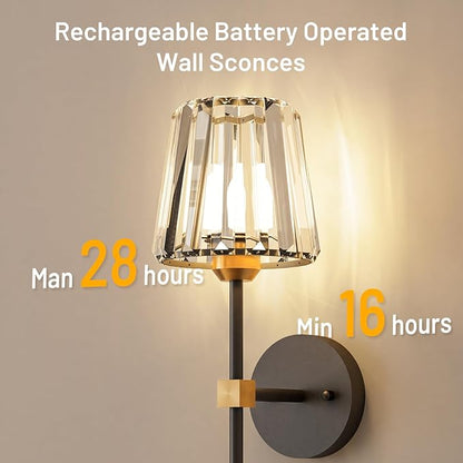 Crystal Battery Operated Wall Sconces Set of 2, Black and Gold Rechargeable Wireless Wall Lights with Crystal Lampshade, 12 RGB and 3CCT Dimmable Wall Lamps with Remote for Bedroom Living Room Hallway