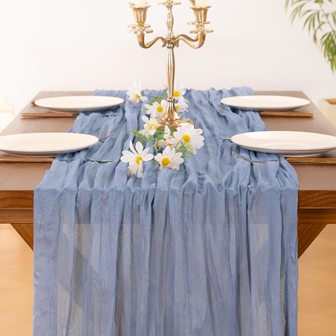 Socomi 10pcs Dusty Blue Valentine's Day Cheesecloth Table Runner Boho Rustic Gauze 120 inch 10FT Cheese Cloth Runner for Wedding Party Baby Shower Birthday Home Decor Holiday Decorations