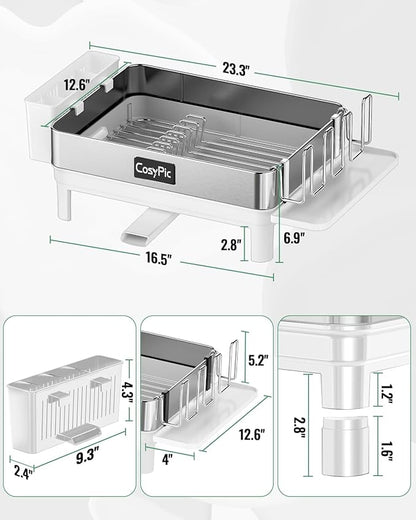 Dish Racks, Thicker Premium 304 Stainless Steel Dish Drying Rack for Kitchen Counter, Automatic Drainage Spout, Dish Drainer & Drainboard Set with Utensil Holder and Cup Holder, White