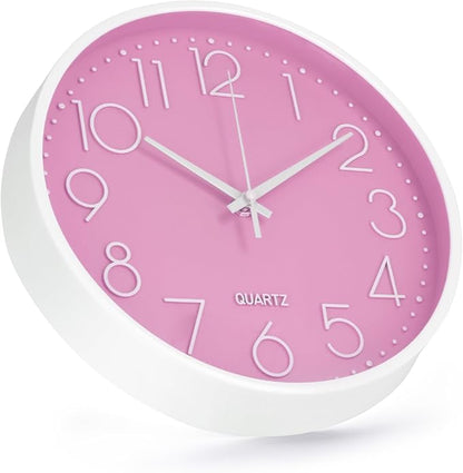 Wall Clock Non-Ticking Silent Modern Simple Style Round Decor Clock Stereoscopic Dial Quartz Wall Clocks for Home/Office/School/Living Room/Bedroom/Kitchen (Pink, 12inch)