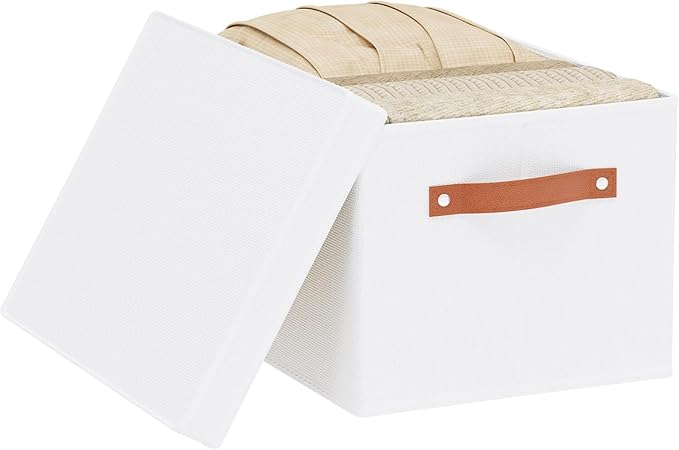 YheenLf 1 Pack Storage Box with Lid, Storage Basket for Shelves with Handles, Fabric Closet Organizer, White, 16.5 x 11.8 x 10.2 Inch