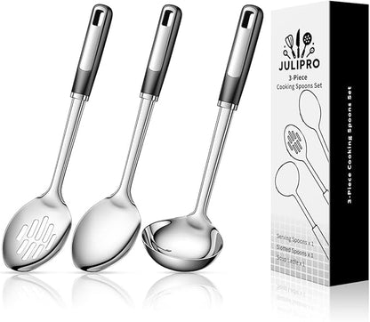 3-Piece Stainless Steel Serving Spoons Set – Includes Slotted Spoon, Serving Spoon & Soup Ladle, Heat-Resistant, Dishwasher Safe, Ergonomic Handles for Home & Commercial Use