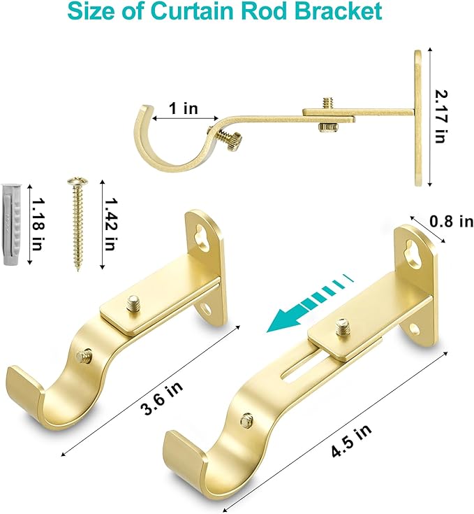 Adjustable Curtain Rod Brackets, Metal Window Drapery Rod Hanger Holders Hooks for 1 inch Rods (Warm Gold, Set of 3)
