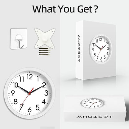 AKCISOT Wall Clock, Modern Small Wall Clocks Battery Operated 8 Inch, Silent Non-Ticking Analog Classic for Office, Home, Bathroom, Kitchen, Bedroom, School(White)