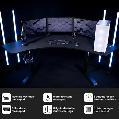 Arozzi Arena Angelo L Shaped GamingDesk, PC GamingDesk L Shape, Height Adjustable L Shaped Standing Desk for Home Office, with Full Coverage Mouse Pad (Pure Black)