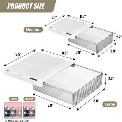2Pcs Under Desk Storage Drawers Slide Out,Large&Medium,Stick On Drawers,Under Desk Organizer Hidden Under Table Drawer for Home Office School Organization and Storage-Clear White