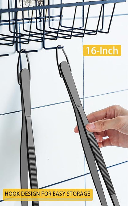 JETKONG 2 Pcs 16-Inch Heavy Duty Plating Tongs, Extra-Long Kitchen Fine Tongs Large Stainless Steel Cooking Forceps (Black)