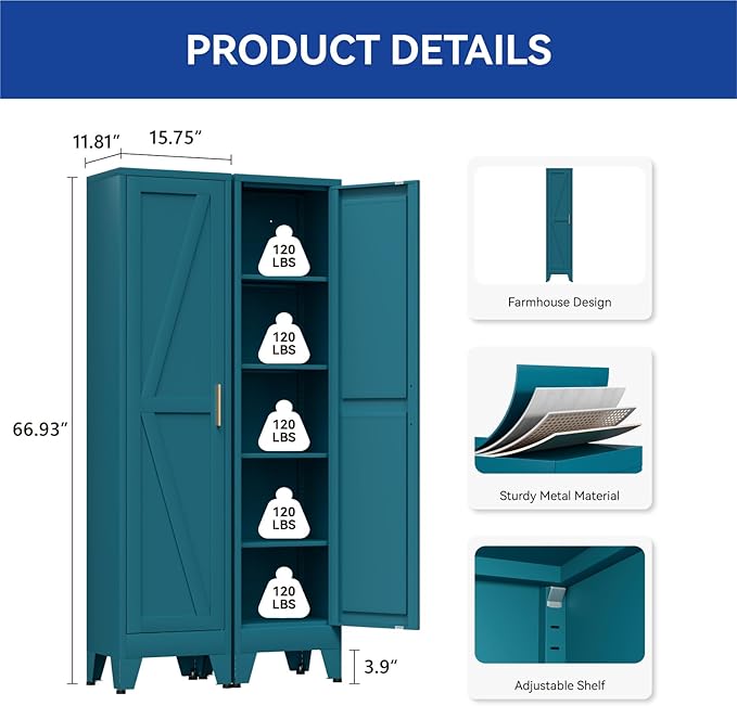 COFaR 67'' Tall Narrow Bathroom Storage Cabinet, Metal Farmhouse Skinny Pantry Cabinet with 4 Adjustable Shelves and One Door, Slim Cabinet Storage for Kitchen Laundry, 5-Tier Peacock Blue