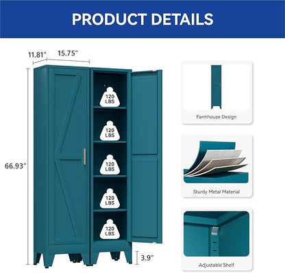 COFaR 67'' Tall Narrow Bathroom Storage Cabinet, Metal Farmhouse Skinny Pantry Cabinet with 4 Adjustable Shelves and One Door, Slim Cabinet Storage for Kitchen Laundry, 5-Tier Peacock Blue