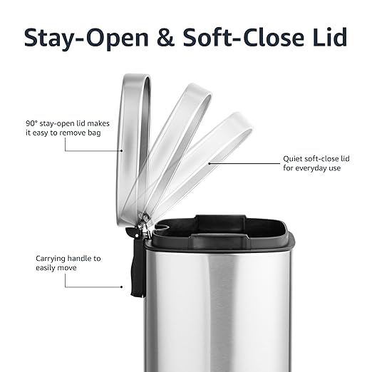 Amazon Basics Smudge Resistant Rectangular Trash Can with Soft-Close Lid, Foot Pedal, Removable Inner Bucket, 5L/1.32 Gal, Brushed Stainless Steel, for Bathroom & Small Space, Satin Nickel Finish