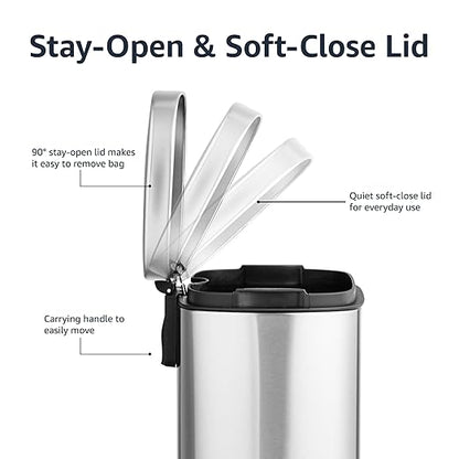 Amazon Basics Smudge Resistant Rectangular Trash Can with Soft-Close Lid, Foot Pedal, Removable Inner Bucket, 5L/1.32 Gal, Brushed Stainless Steel, for Bathroom & Small Space, Satin Nickel Finish