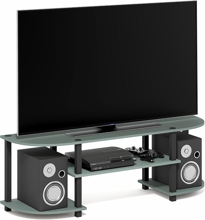 Furinno Turn-S-Tube TV Stand, 3-Tier Entertainment Center for TV up to 55 Inch, TV Console with Round Corner and Open Shelves, for Living Room, Bedroom, Sage Green