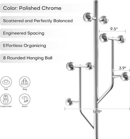 Coat Rack Freestanding with Stainless Steel Marble Base, 8 Ball-shaped Hooks, Heavy-Duty Standing Coat Rack, Coat Hanger Stand for Bedroom Entryway Hallway, Hat, Bags, Long Dresses, Silver