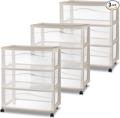 Sterilite 3 Pack Wide 3 Drawer Storage Cart, Rolling Organization, Grey | Clear Plastic Organizer Drawers with Wheels for Craft Supplies, Bath Essentials, or Home Accessories