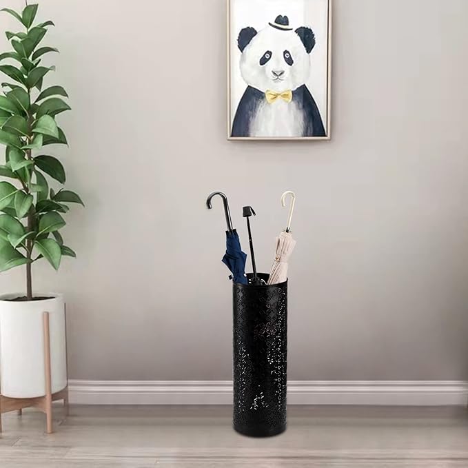 Hacaroa Metal Round Umbrella Stand Rack, Free Standing Umbrella Holder Bin, Canes Walking Sticks Holder for Entryway, Home, Office, Black
