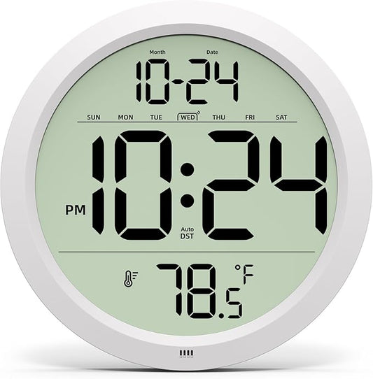 Digital Wall Clock Battery-Operated, 8 Inch Small Decorative Modern Wall Clock with Date, Temperature, Auto-DST, Silent Electric Wall Clock for Bedroom, Living Room, Kitchen, Office, Farmhouse - White