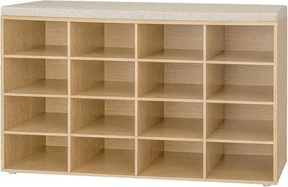 DINZI LVJ Shoe Storage Bench with Cushion, 16-Cubby Shoe Rack, Adjustable Shelves, 40.9" Long Shoe Organizer Bench for Entryway, Mudroom, Hallway, Garage, Natural and Cappuccino Beige