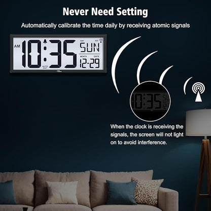 WallarGe 14.5'' Atomic Clock with Backlight, Large Digital Wall Clock Battery Operated, Large Display with Temperature and Date, Easy to Read and Set Digital Wall Clock, Auto DST