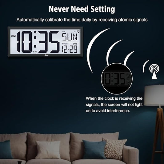 WallarGe 14.5'' Atomic Clock with Backlight, Large Digital Wall Clock Battery Operated, Large Display with Temperature and Date, Easy to Read and Set Digital Wall Clock, Auto DST