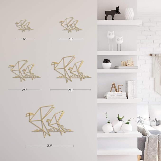 SIGNLEADER Metal Wall Art Decor Origami Birds in Flight Modern Abstract Wall Sculpture Hangings Home Decoration for Living Room, Bedroom, Bathroom, Kitchen, Outdoor - 30" Gold