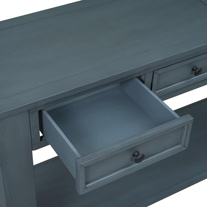 LKTART Solid Wood Console Table, Long Sofa Table Entryway Table with 4 Drawers and Bottom Shelf for Hallway Living Room Couch Table,Easy Assembled (63" Navy)