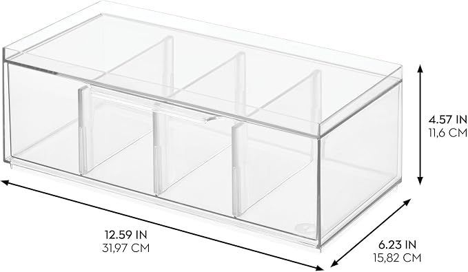 iDesign XL Tea Bag Organizer for Counter, 4-Section Clear Stackable Tea Storage Drawer for Cabinet, 2-Pack