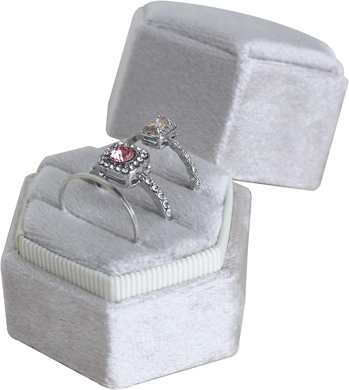 Wedding Ring Box 3 Slots - Hexagon Velvet Ring Box, Detachable Lid Three Slots Jewelry Ring Gift Box, Gorgeous Vintage Premium Ring Bearer Boxes for Proposal Engagement
