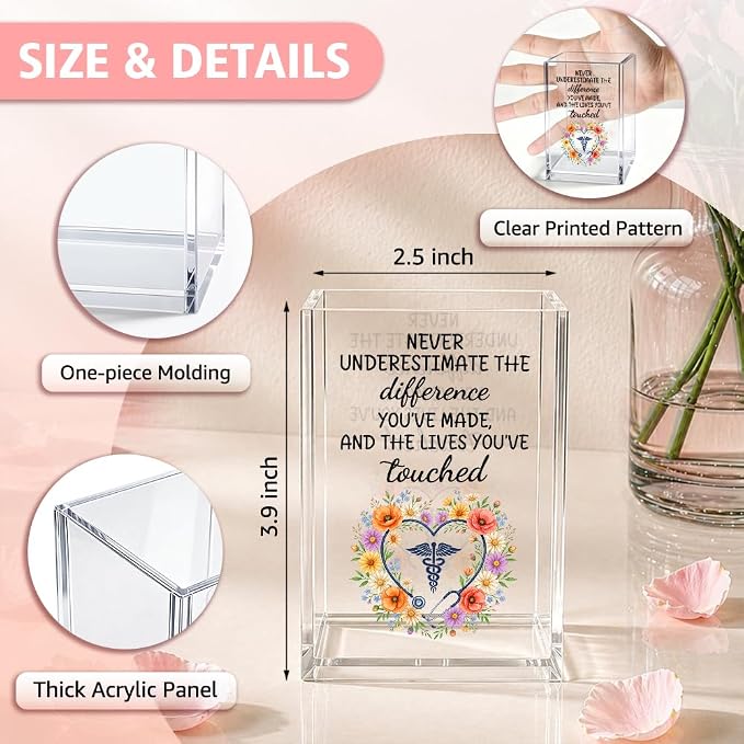 Never Underestimate The Difference You’ve Made Acrylic Pencil Holder Cup, Appreciation Gifts for Doctor Nurse, Funny Floral Bookmark Holder for National Doctors Day, Farewell Retirement Present