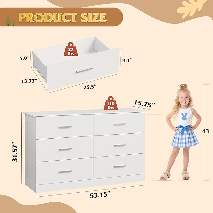 WLIVE White Dresser with 6 Drawers, Wide Wooden Chest of Drawers for Bedroom, Large White Storage Tower Unit, Modern Minimalist Closet Store Organizer for Living Room, Hallway