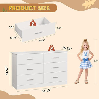 WLIVE White Dresser with 6 Drawers, Wide Wooden Chest of Drawers for Bedroom, Large White Storage Tower Unit, Modern Minimalist Closet Store Organizer for Living Room, Hallway