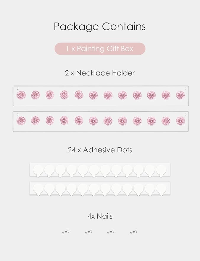 Heesch Necklace Holder Pink, Acrylic Necklace Hanger Wall Mount, Hanging Necklace Organizer, Jewelry Hooks for Necklaces, Bracelets, Chains (2-pack Pink)