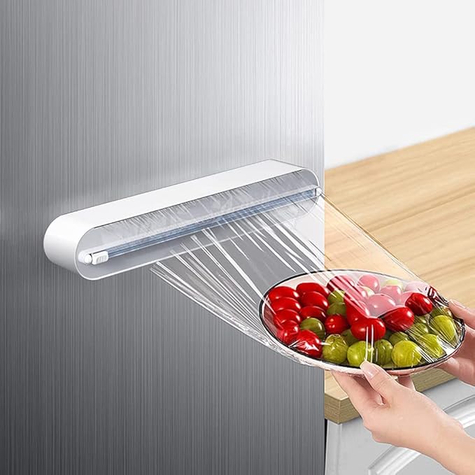 Refillable Magnetic Plastic Wrap Dispenser With Slide Cutter, Sturdy Food Cling Film Cutter, Press and Seal Wrap, 12" x 328' Roll BPA Free